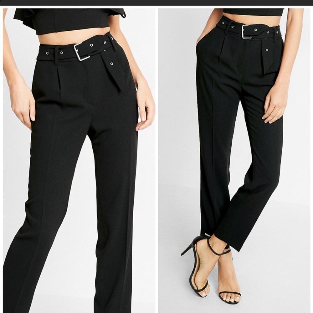 High waisted belted black ankle pant